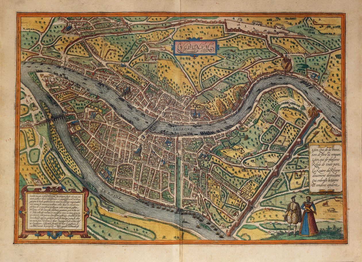 Karta över Lyon, Frankrike, från World Cities av Georg Braun av Georg Braun and Hogenberg Franz