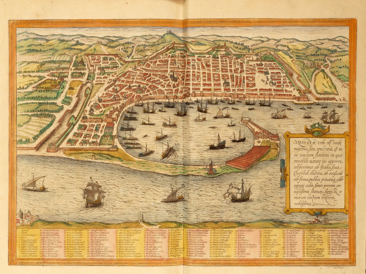 Karta över Messina från världskarta av Georg Braun av Georg Braun and Hogenberg Franz