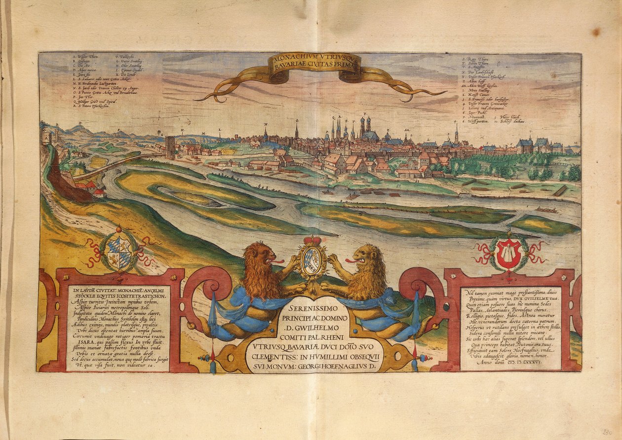 Karta över München, Tyskland, från Cities of the World av Georg Braun av Georg Braun and Hogenberg Franz