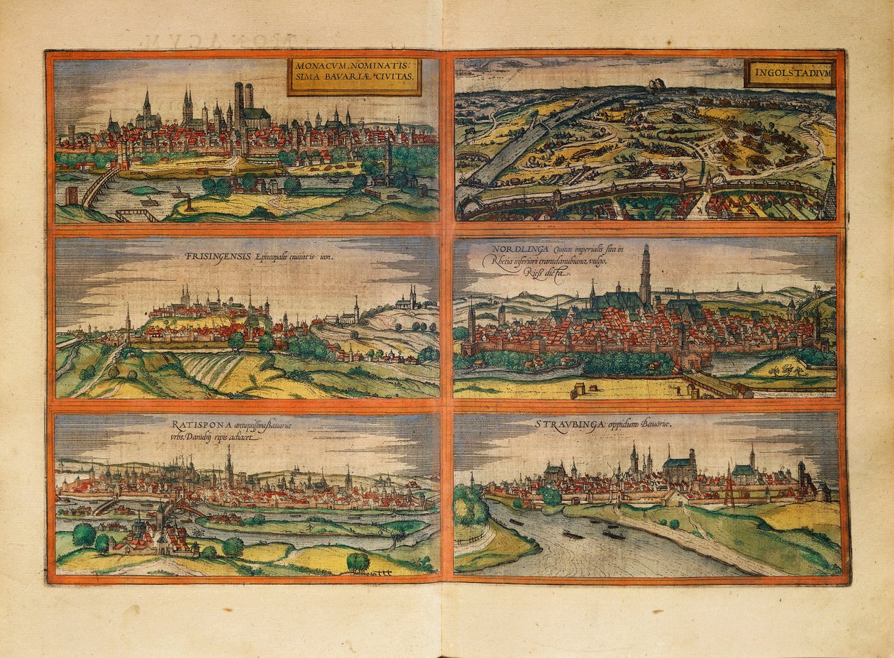 Karta över München, Ingolstadt, Freising, Nordlingen, Regensburg och Straubing, Tyskland, från Civitates Orbis Terrarum av Georg Braun av Georg Braun and Hogenberg Franz