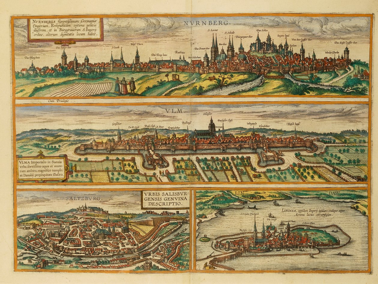 Karta över Nürnberg, Ulm, Salzburg och Lindau från Civitates Orbis Terrarum av Georg Braun av Georg Braun and Hogenberg Franz