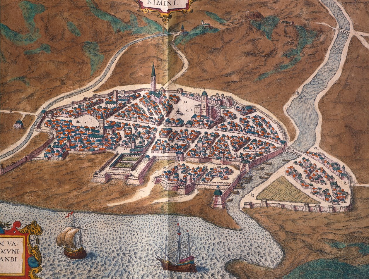 Ramani ya Rimini, na Georg Braun na Franz Hogenberg, nakshi ya rangi kutoka Civitates Orbis Terrarum, Italyswed av Georg Braun and Hogenberg Franz