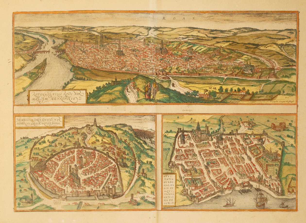 Karta över Rouen, Nimes och Bordeaux från Cities of the World av Georg Braun av Georg Braun and Hogenberg Franz