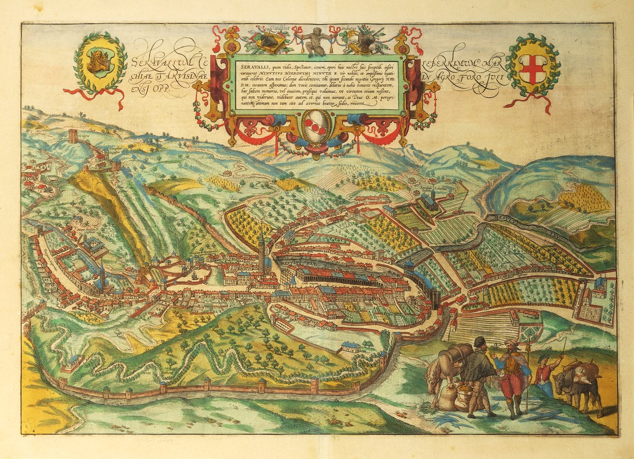 Karta över Serravalle Scrivia, regionen Piemonte från World Cities av Georg Braun av Georg Braun and Hogenberg Franz
