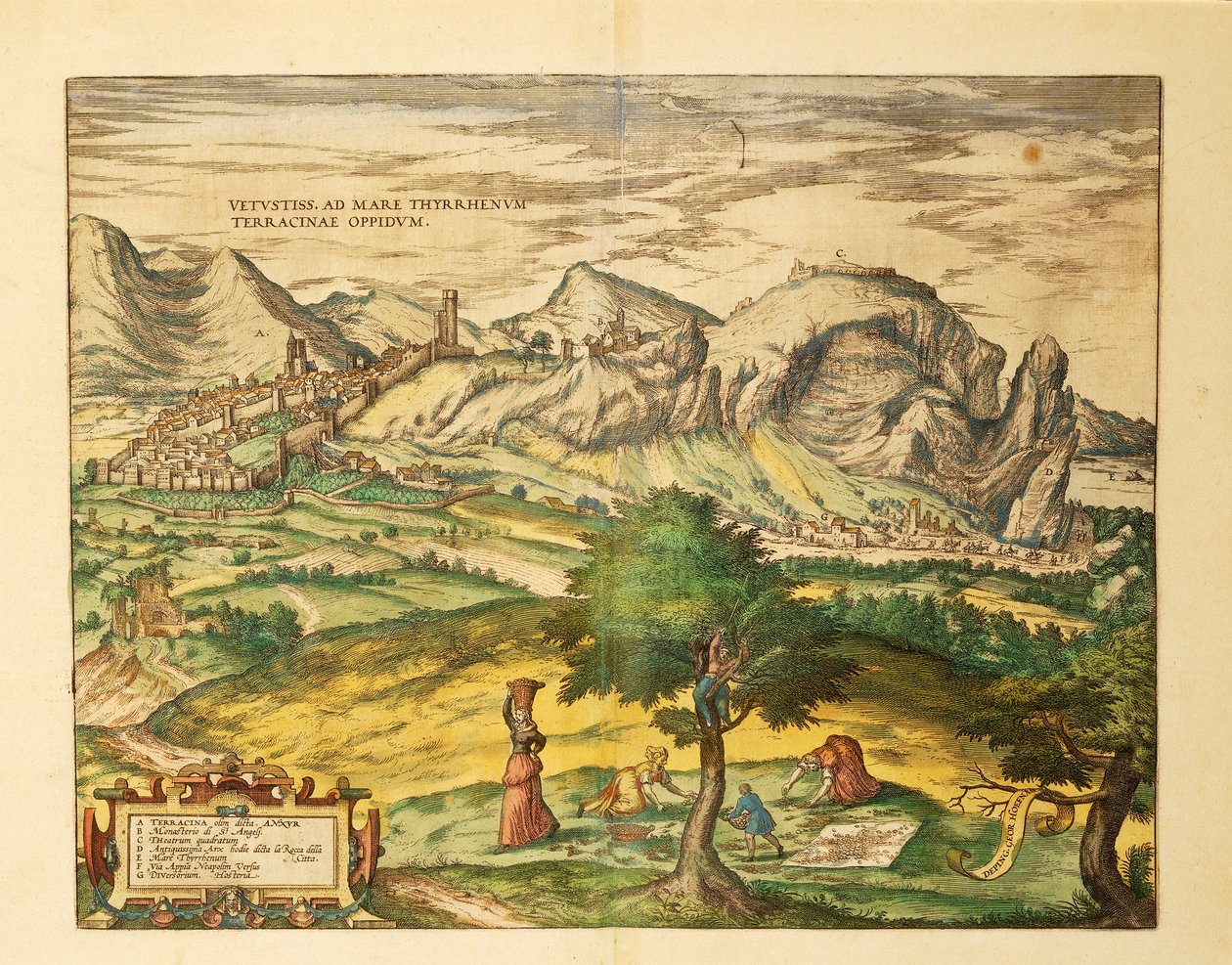 Karta över Terracina, regionen Lazio från världskarta av Georg Braun av Georg Braun and Hogenberg Franz