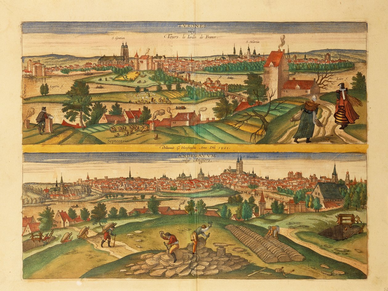 Karta över Tours and Angers från världsstäder av Georg Braun av Georg Braun and Hogenberg Franz
