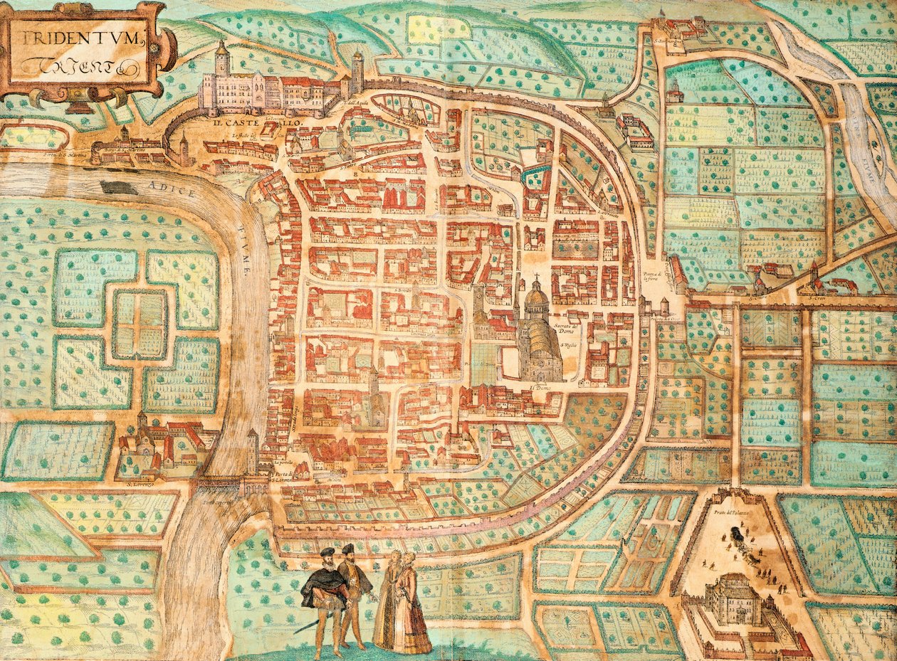 Ramani ya Tridentum, leo Trent, na Georg Braun na Franz Hogenberg, kuchora kwa rangi kutoka Civitates Orbis Terrarum, Italyswed av Georg Braun and Hogenberg Franz