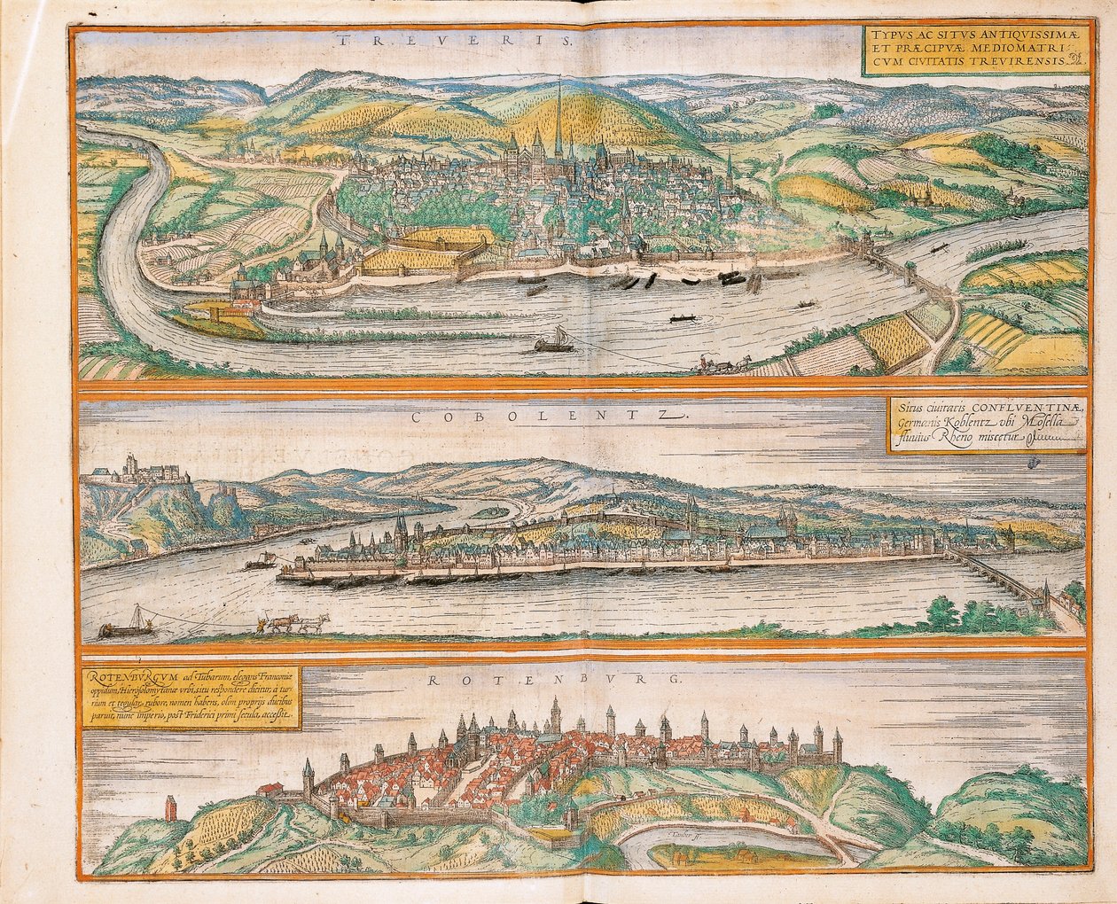 Karta över Trier, Koblenz och Rothenburg från Civitates Orbis Terrarum av Georg Braun av Georg Braun and Hogenberg Franz