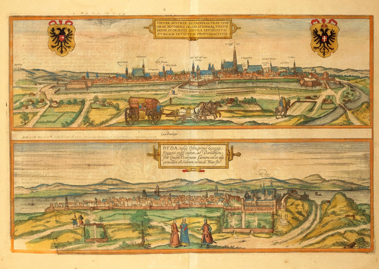 Karta över Wien och Buda från Cities of the World av Georg Braun av Georg Braun and Hogenberg Franz