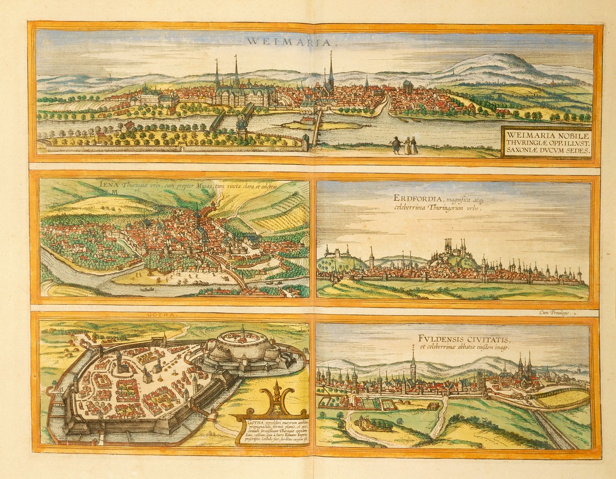 Karta över Weimar, Jena, Erfurt, Gotha och Fulda från Cities of the World av Georg Braun av Georg Braun and Hogenberg Franz