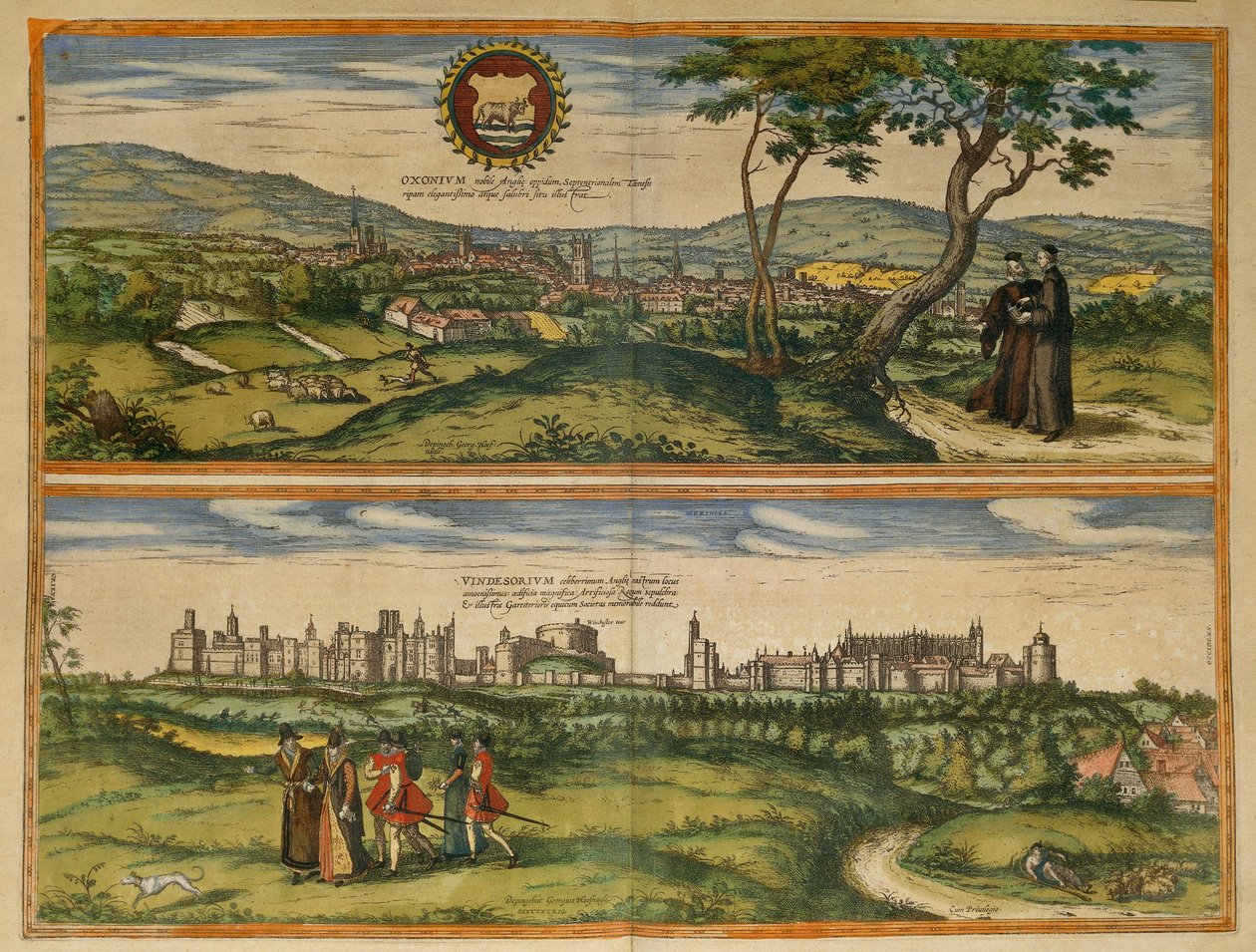 Karta över Windsor och Oxford från världskarta av Georg Braun av Georg Braun and Hogenberg Franz