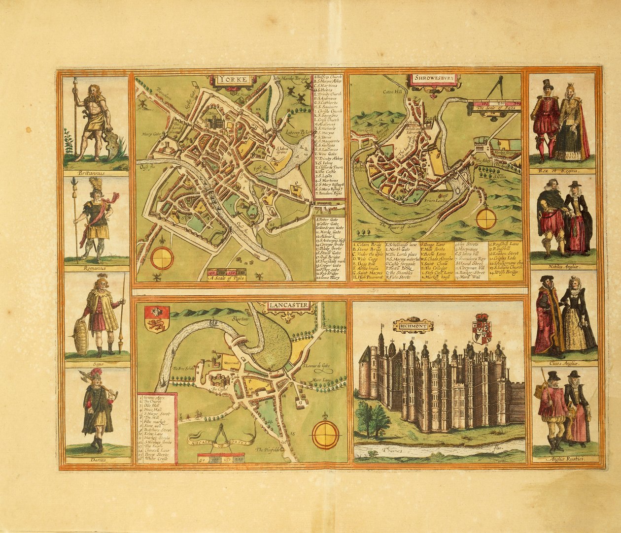 Karta över York, Shrewbury, Lancaster och Richmond Castle från Civitates Orbis Terrarum av George Braun av Georg Braun and Hogenberg Franz