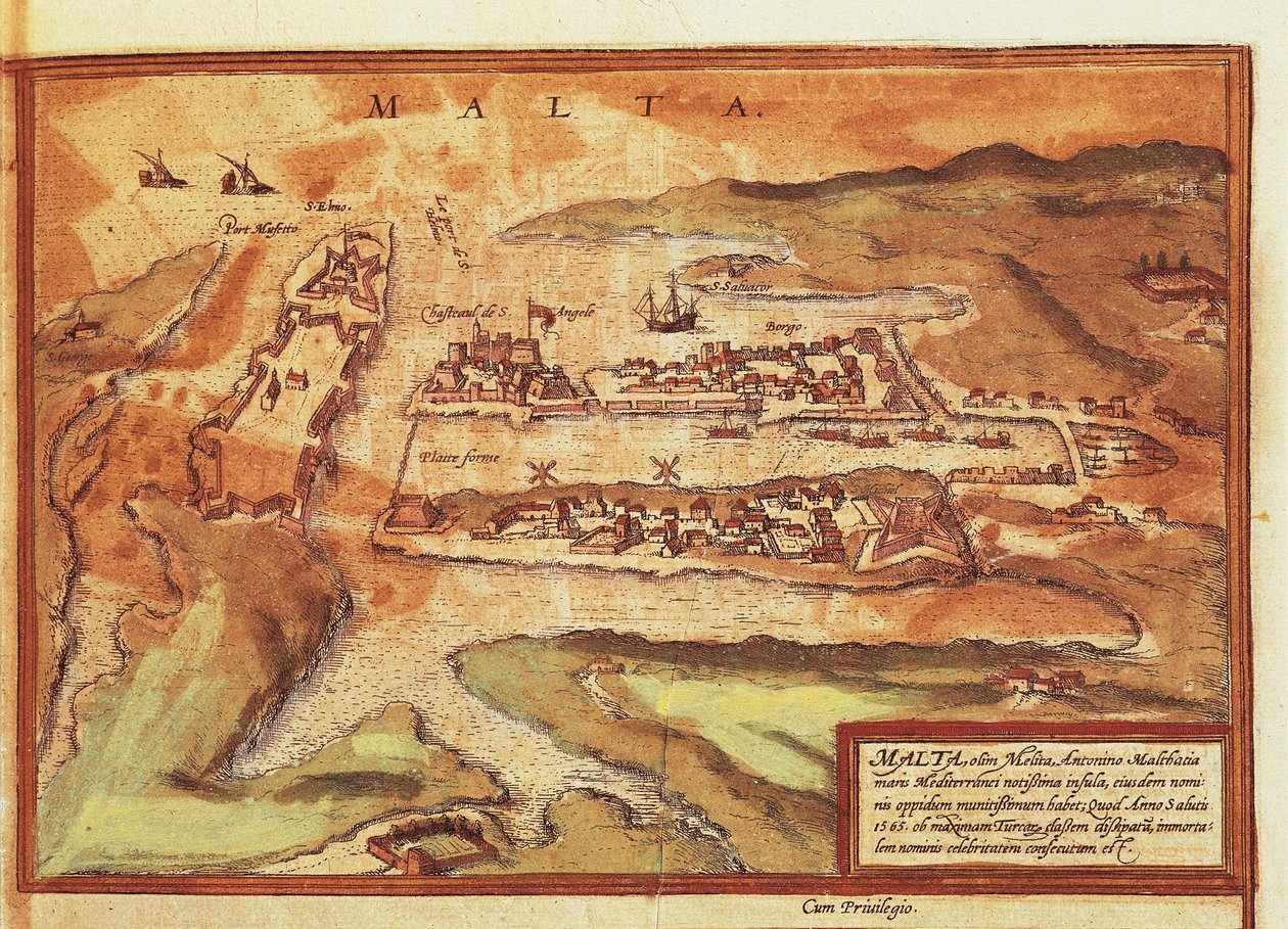 Ramani ya kisiwa cha Malta, kutoka Civitates Orbis Terrarum na Georg Braunswed av Georg Braun and Hogenberg Franz