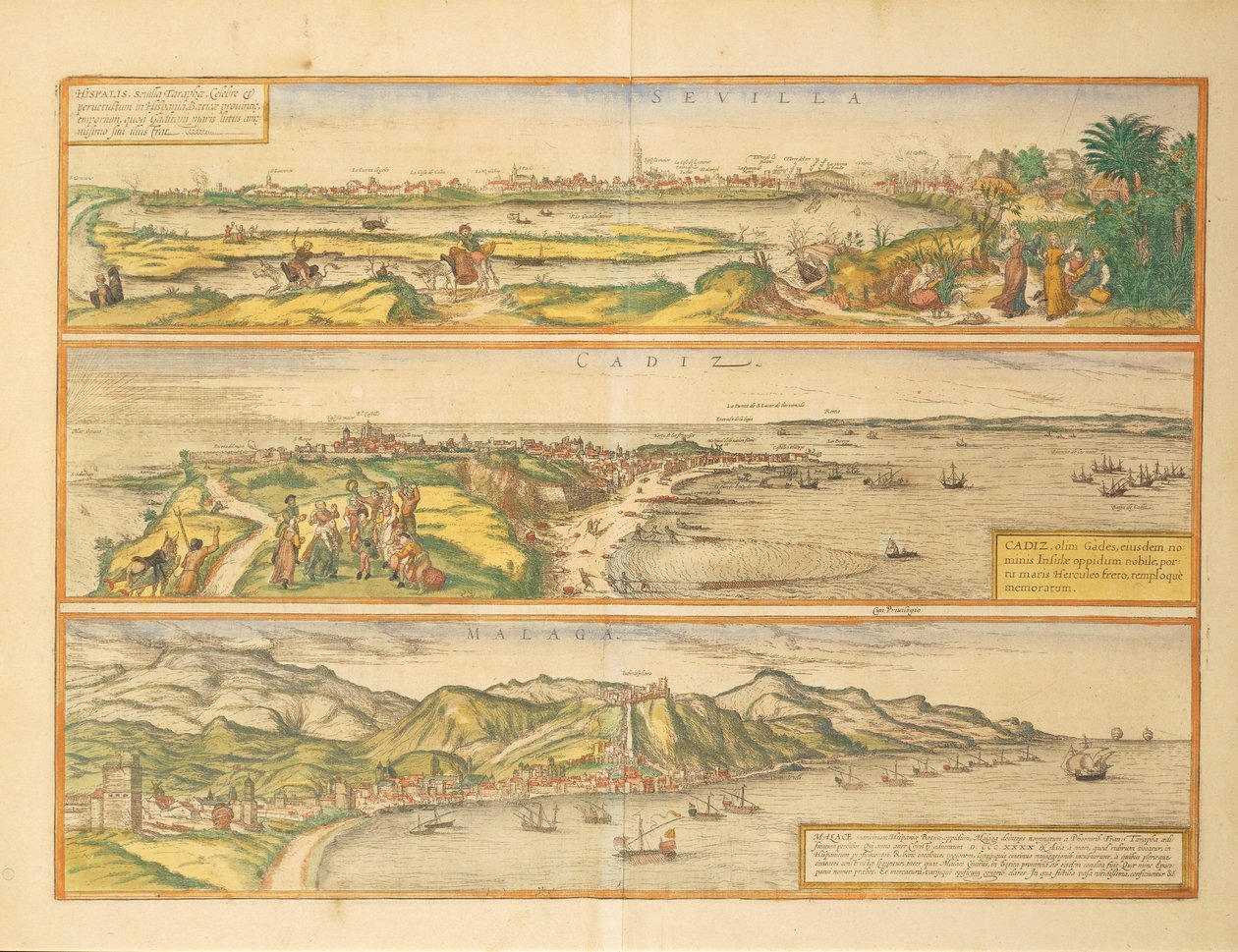 Karta över Sevilla, Cadiz och Malaga, Spanien från Civitates Orbis Terrarum av Georg Braun av Georg Braun and Hogenberg Franz