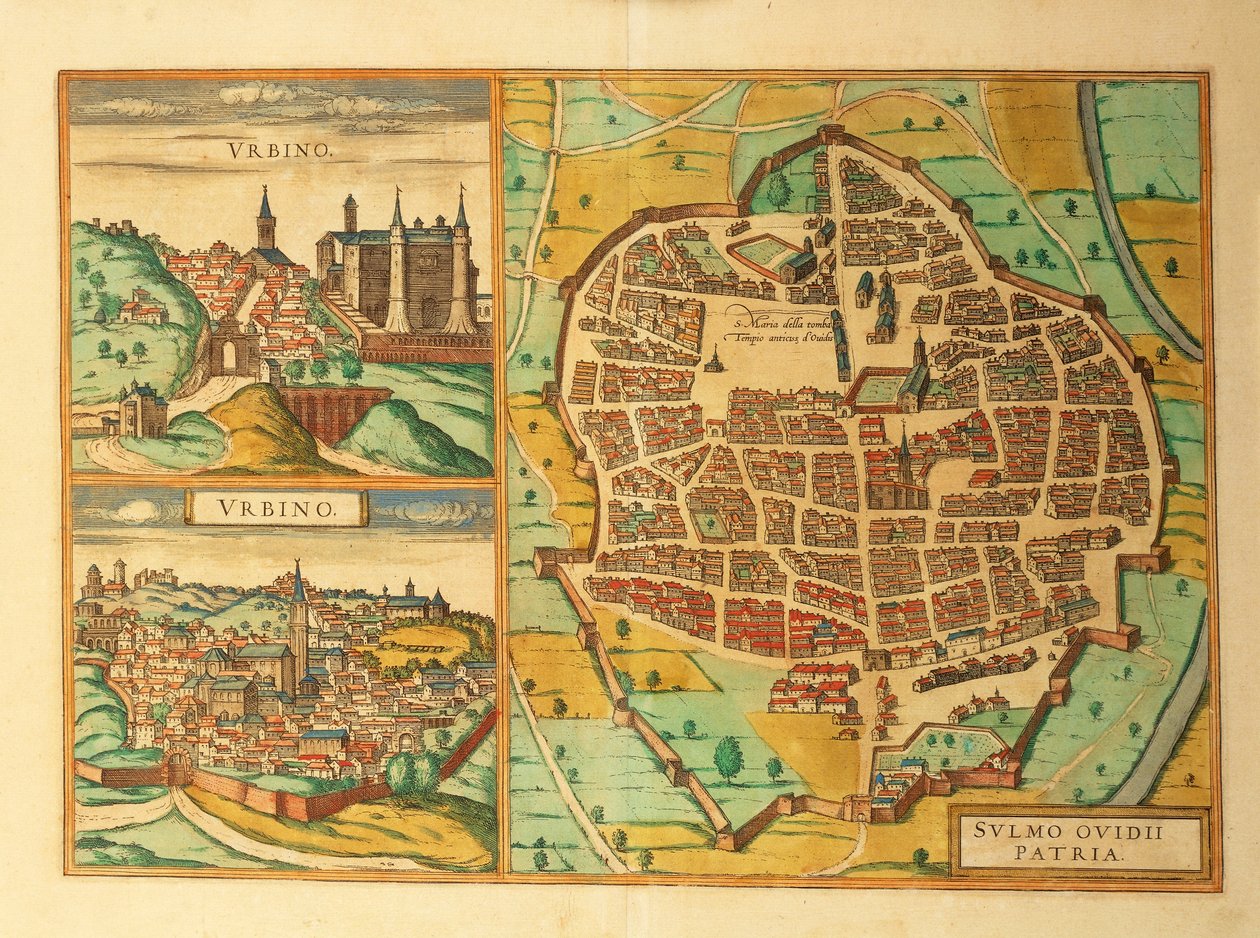 Karta över Urbino och Sulmona, Italien, från Civitates Orbis Terrarum av Georg Braun av Georg Braun and Hogenberg Franz