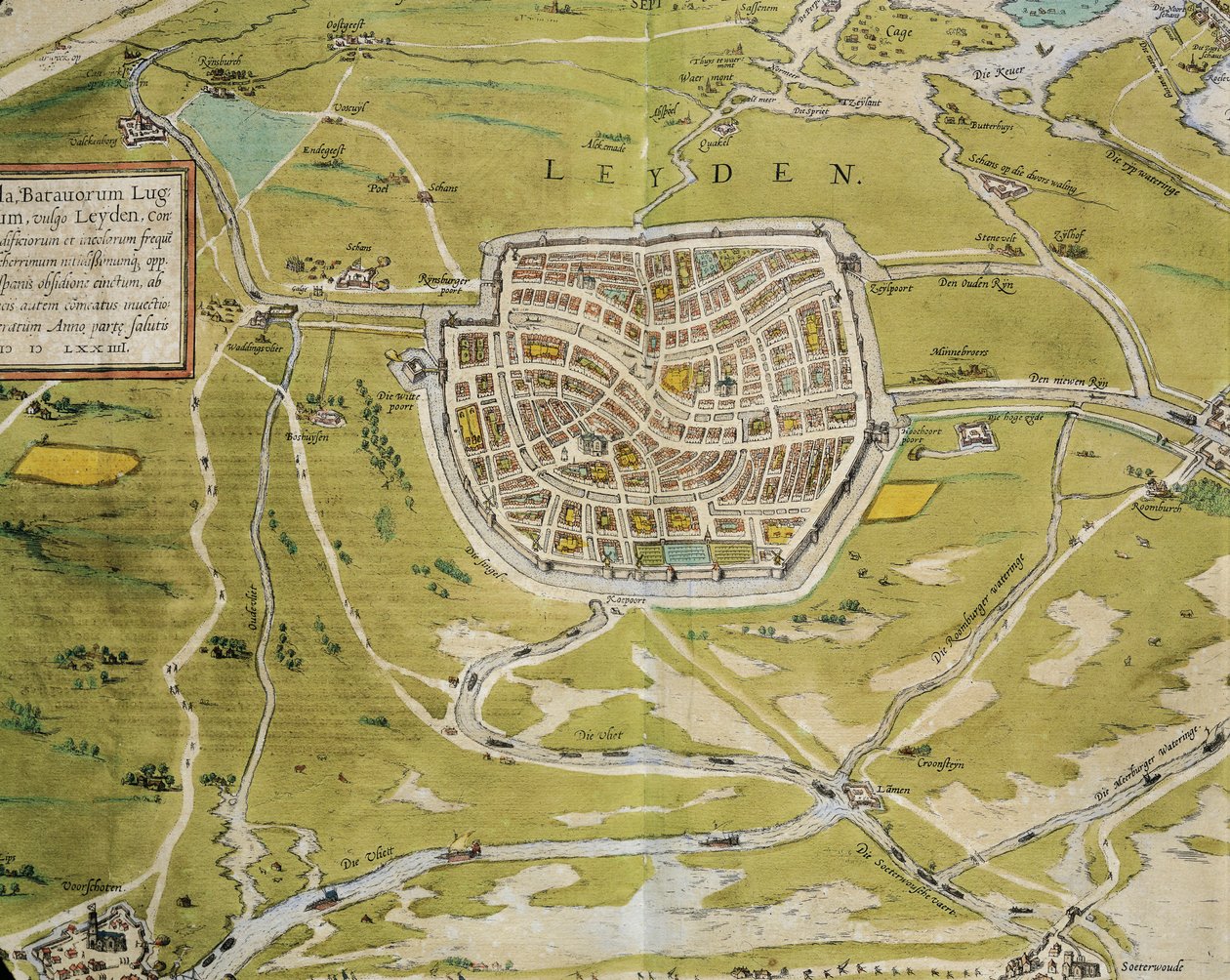 Nederländerna, karta över Leiden stad och region från Civitates Orbis Terrarum av Georg Braun (1541-1622) och Franz Hogenberg (1540-1590), Köln, gravyr av Georg Braun and Hogenberg Franz