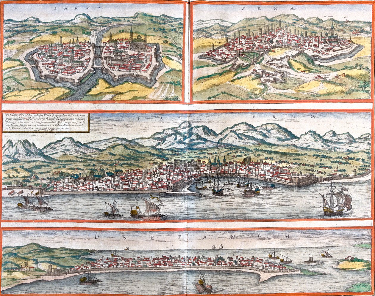 Parma, Siena, Palermo, Trapani, Italien av Georg and Hogenberg Franz (1535 90) Braun