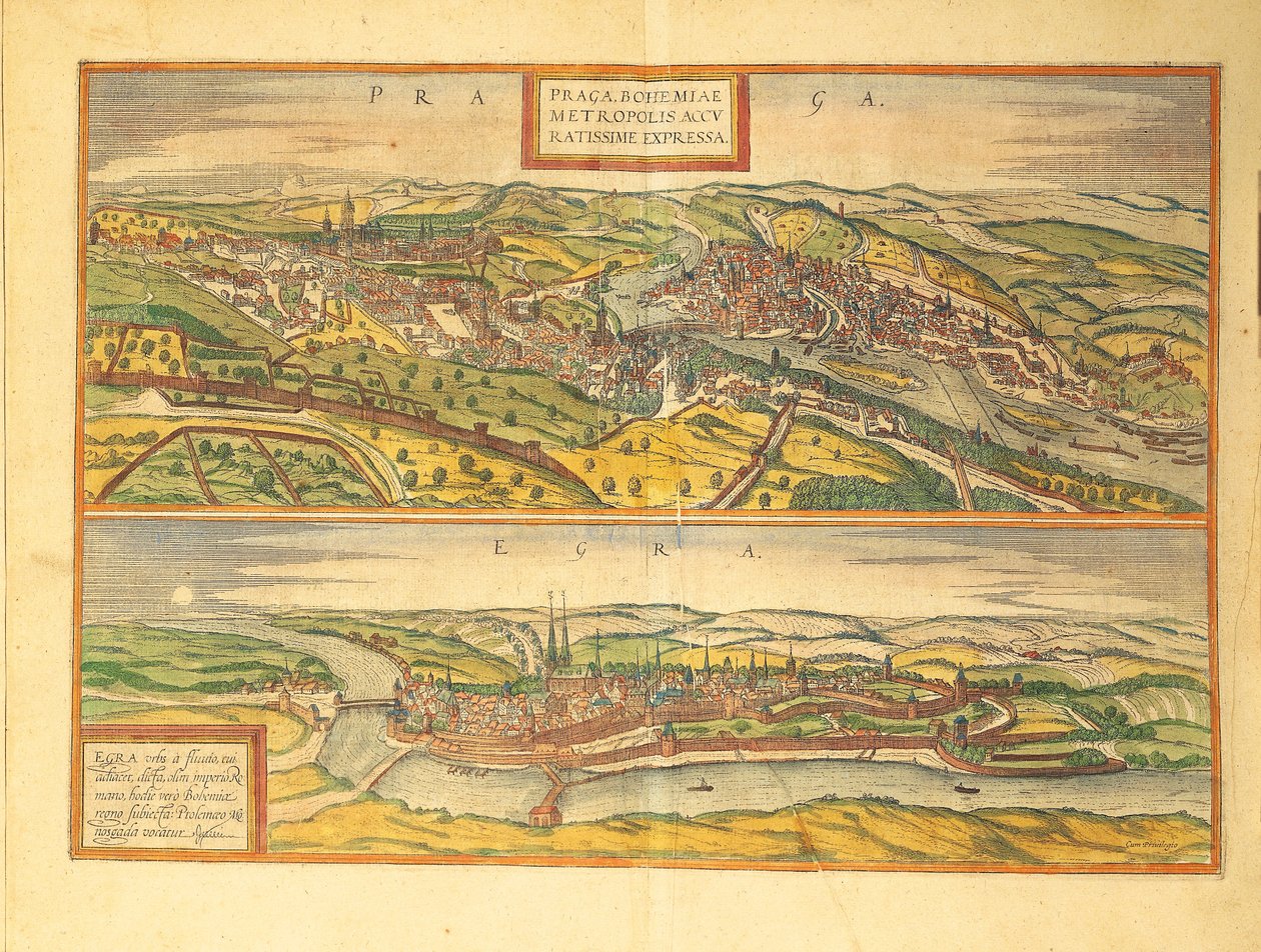 Prag och Cheb, Eger från Cities of the World av Georg Braun av Georg Braun and Hogenberg Franz