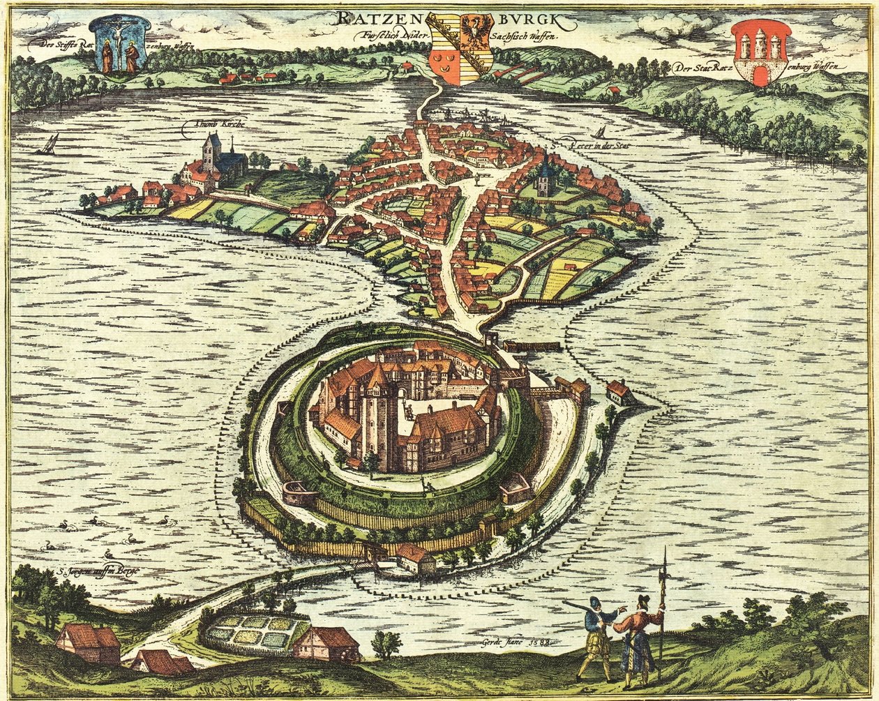 Ratzeburg, Tyskland av Georg and Hogenberg Franz (1535 90) Braun