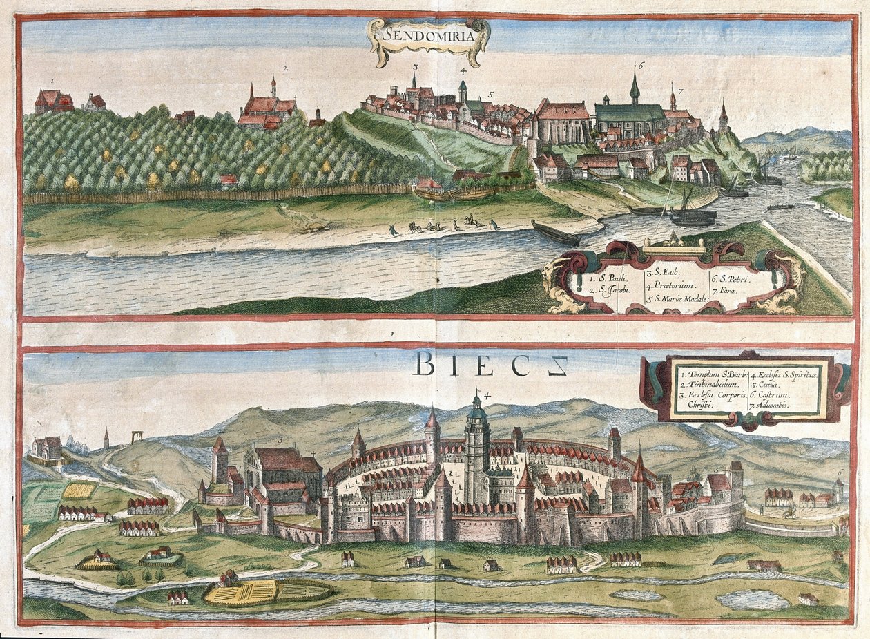 Sandomierz och Biecz, Polen (gravyr av Georg Braun and Hogenberg Franz
