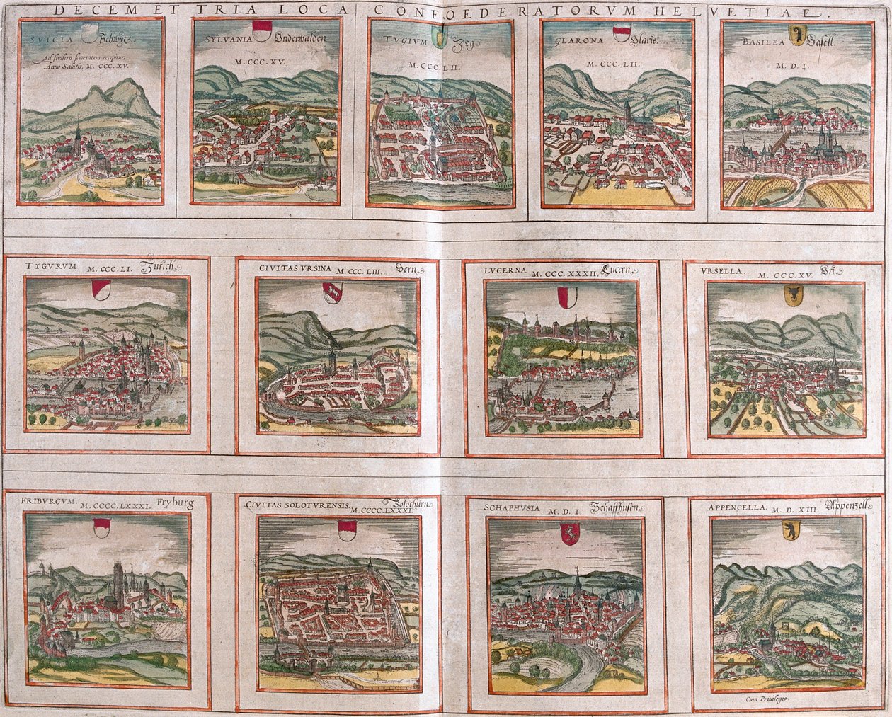 Schwyz, Unterwalden, Zug, Glarus, Basel, Zürich, Bern, Luzern, Kanton Uri, Fribourg, Schaffhausen, Appenzell, Schweiz av Georg and Hogenberg Franz (1535-90) Braun
