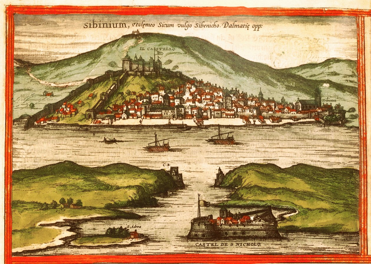 Sibenik, Kroatien av Georg and Hogenberg Franz (1535 90) Braun