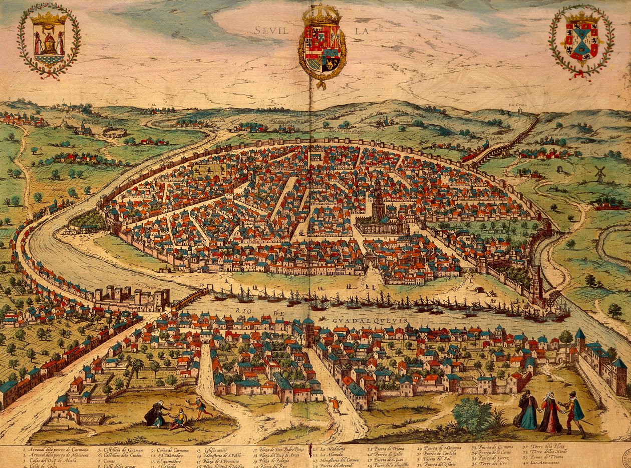 Spanien, Sevilla, Utsikt över staden, färggravyr från Civitates Orbis Terrarum av Georg Braun (1541-1622) och Franz Hogenberg (1535-1590) av Georg Braun and Hogenberg Franz