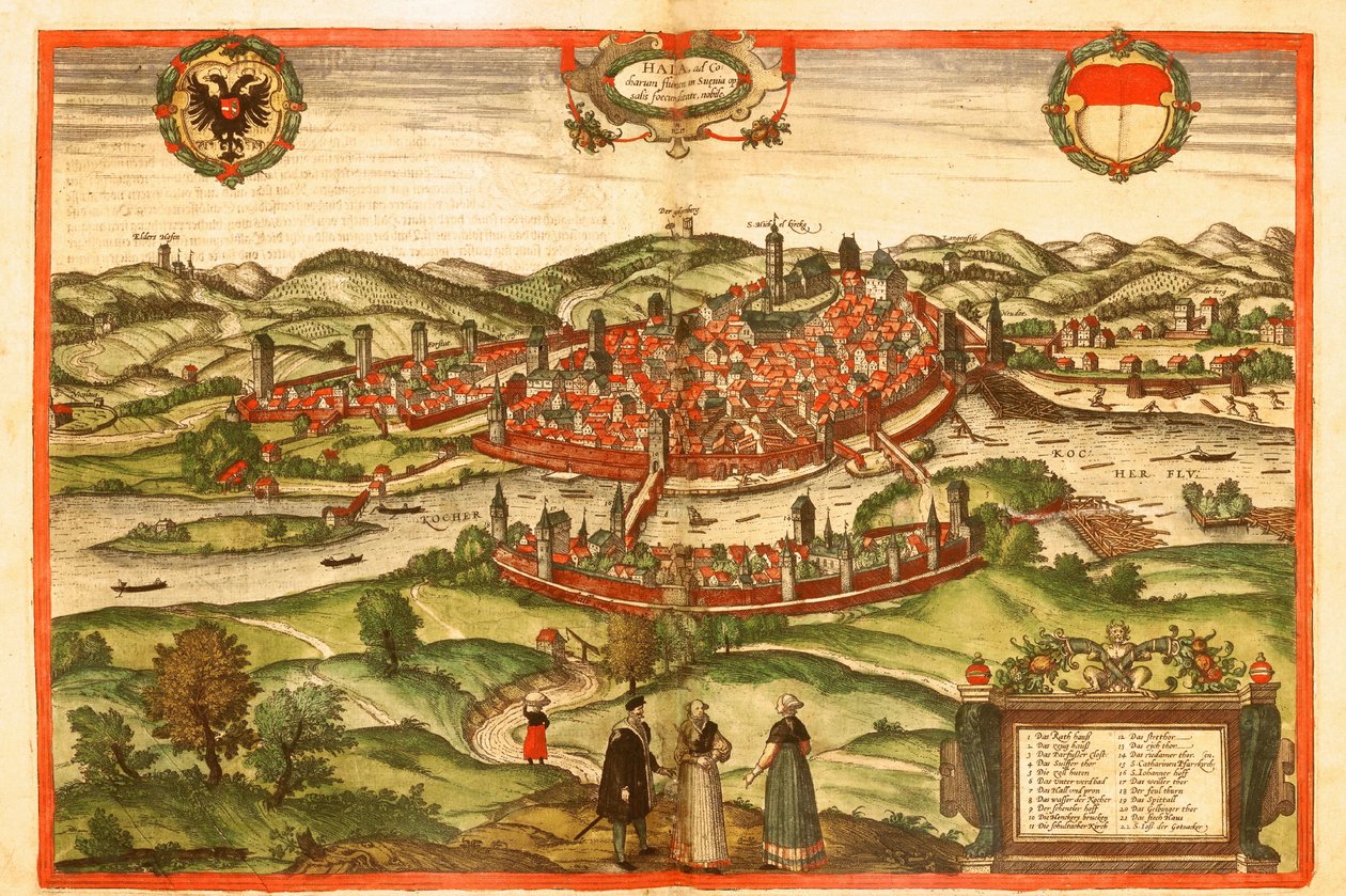 Swabischhall, Schwaben, Tyskland av Georg and Hogenberg Franz (1535 90) Braun