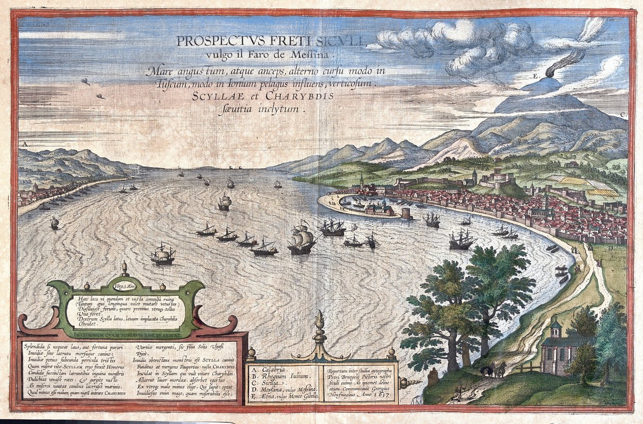Detroit av Messina, mellan Sicilien och Kalabrien (Italien) (gravyr av Georg Braun and Hogenberg Franz