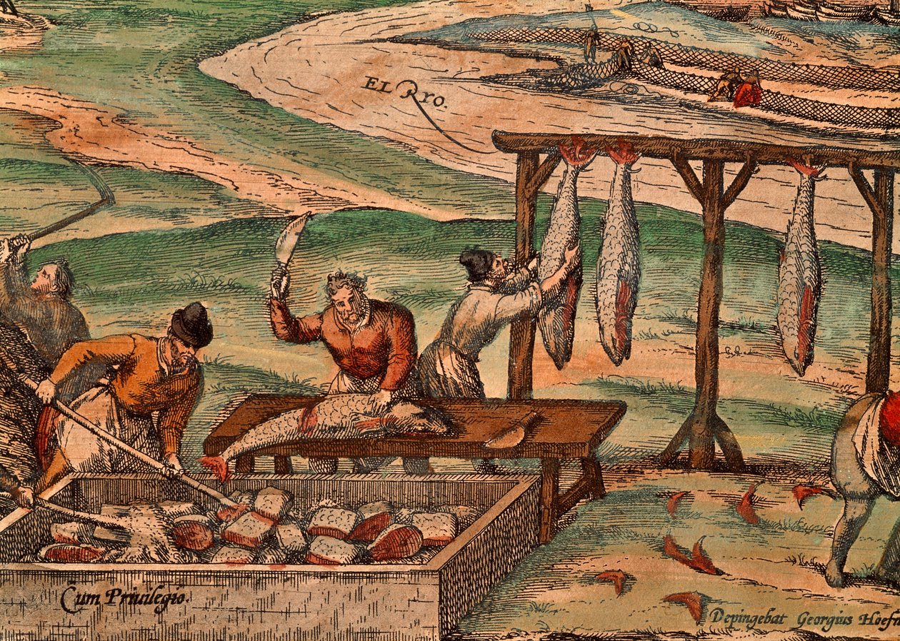 Tonfiskbearbetning av Franz Hogenberg (cirka 1540-cirka 1590), scen från världens stater av Georg Braun (1541-1622) och Franz Hogenberg (cirka 1540-cirka 1590) av Georg Braun and Hogenberg Franz