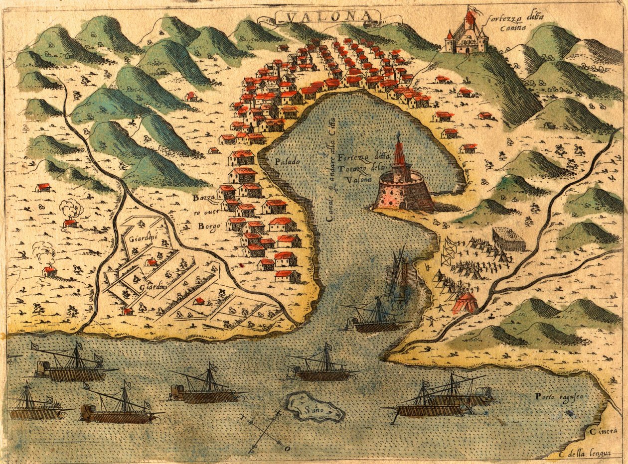 Vlore, Grekland av Georg and Hogenberg Franz (1535 90) Braun