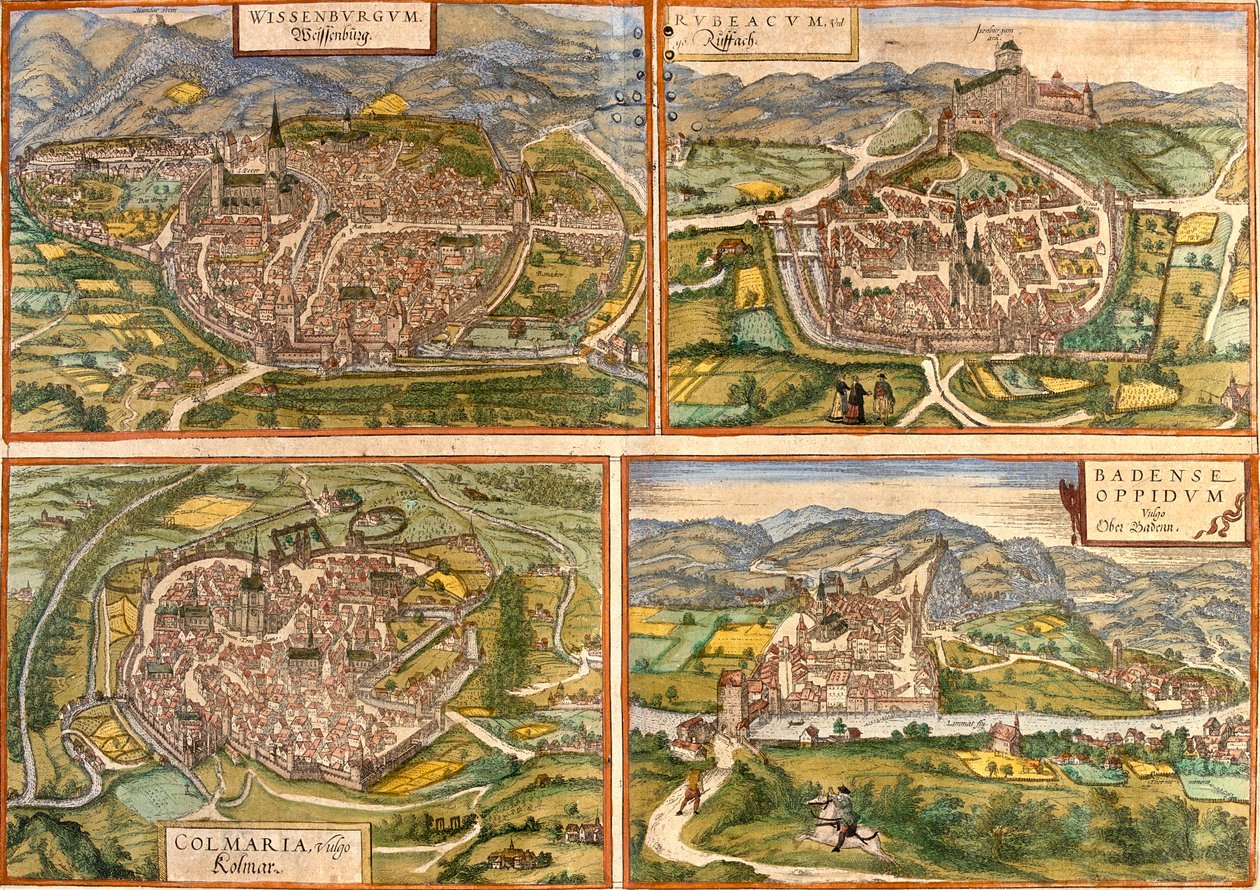 Wissembourg, Rouffach, Colmar, Baden, Frankrike, Schweiz av Georg and Hogenberg Franz (1535 90) Braun