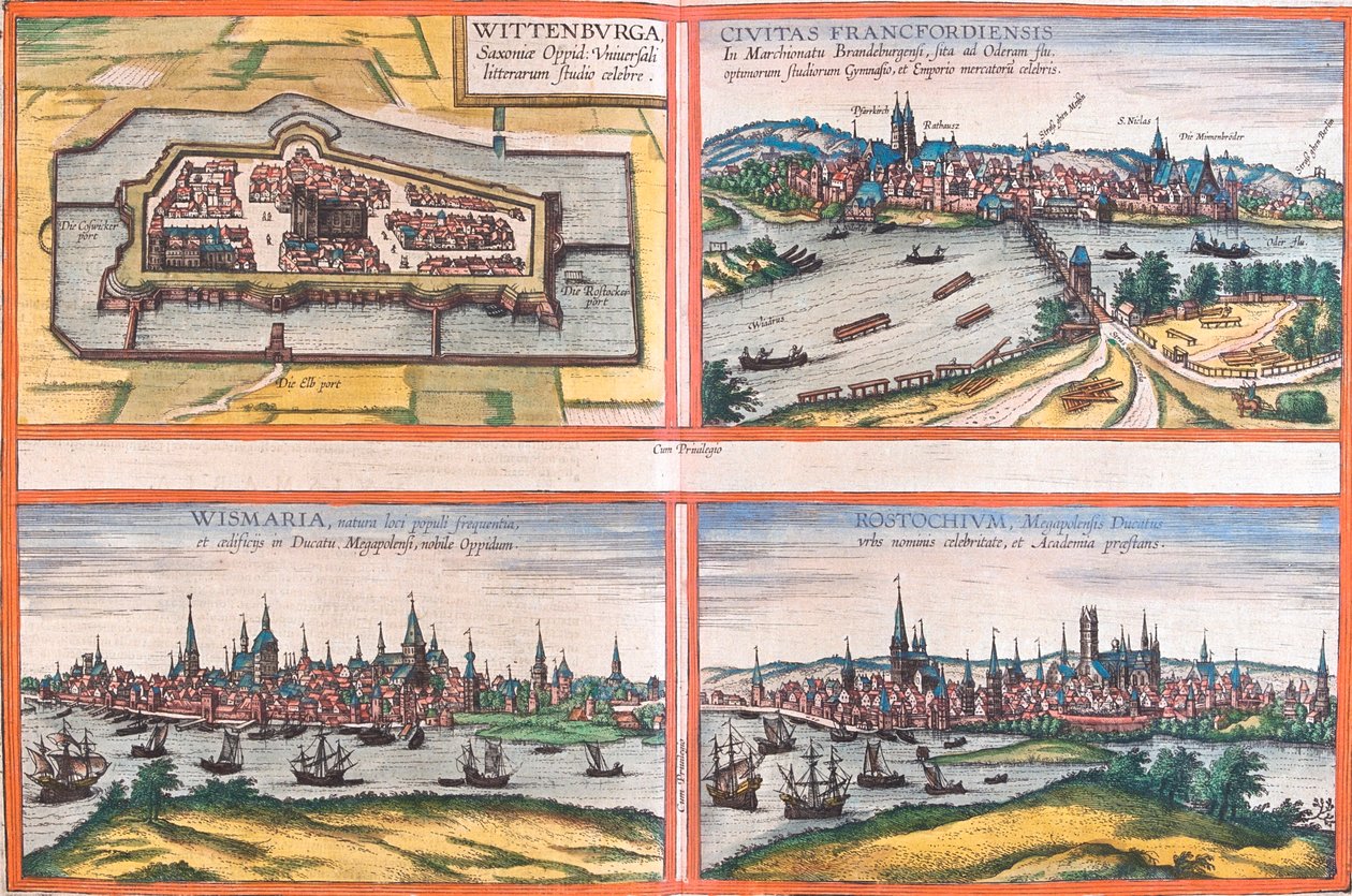 Wittenberg, Frankfurt, Wismar, Rostock, Tyskland av Georg and Hogenberg Franz (1535 90) Braun