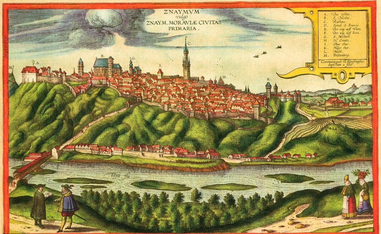 Znojmo, Tjeckien av Georg and Hogenberg Franz (1535 90) Braun