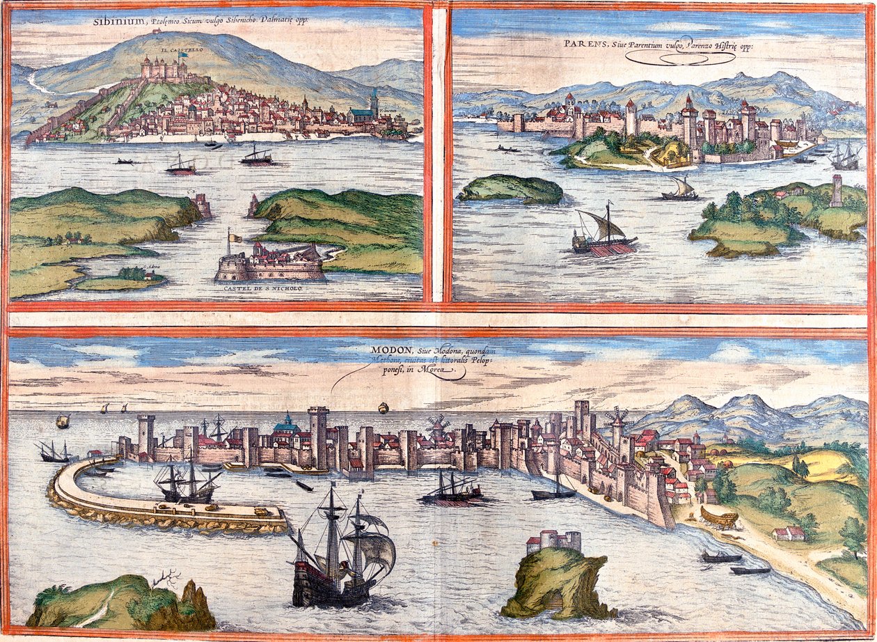 ibenik, Pore, Methoni, Kroatien, Grekland av Georg and Hogenberg Franz (1535 90) Braun
