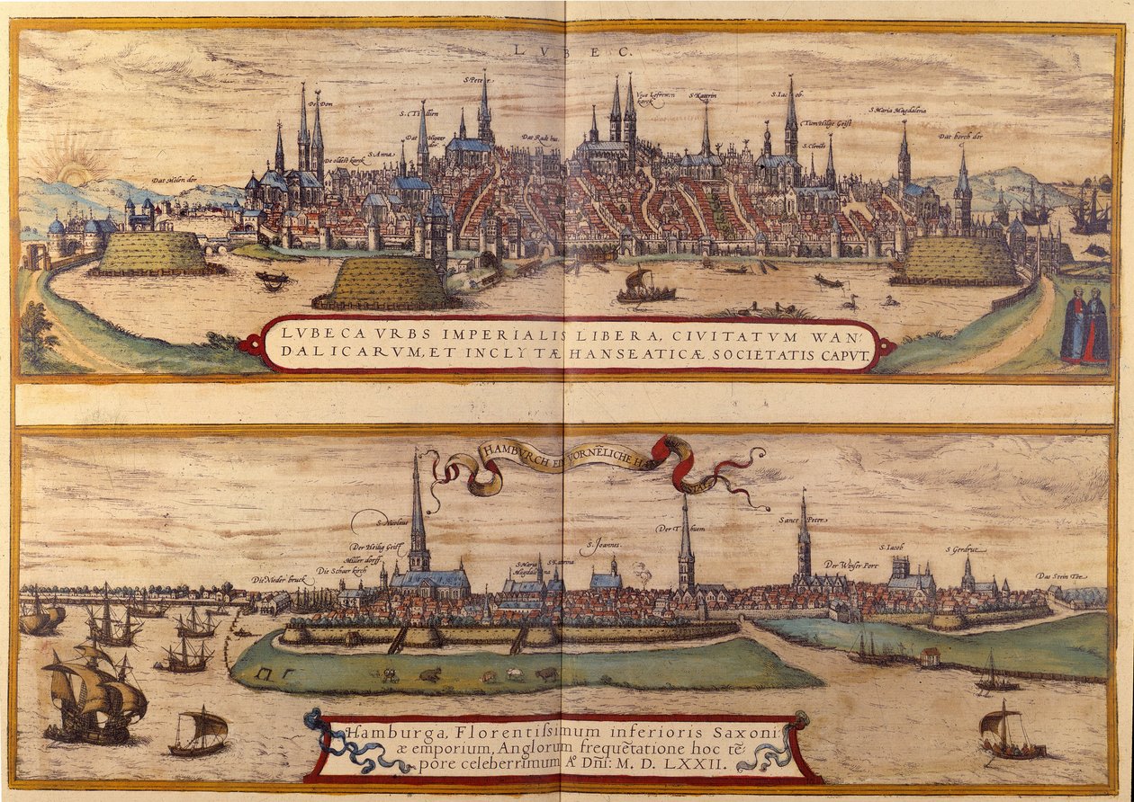 Uppifrån över staden Lubeck, nedanför staden Hamburg i Tyskland. Gravyr från atlasen över "Braun och Hogenberg" 1572 av Georg Braun and Hogenberg Franz