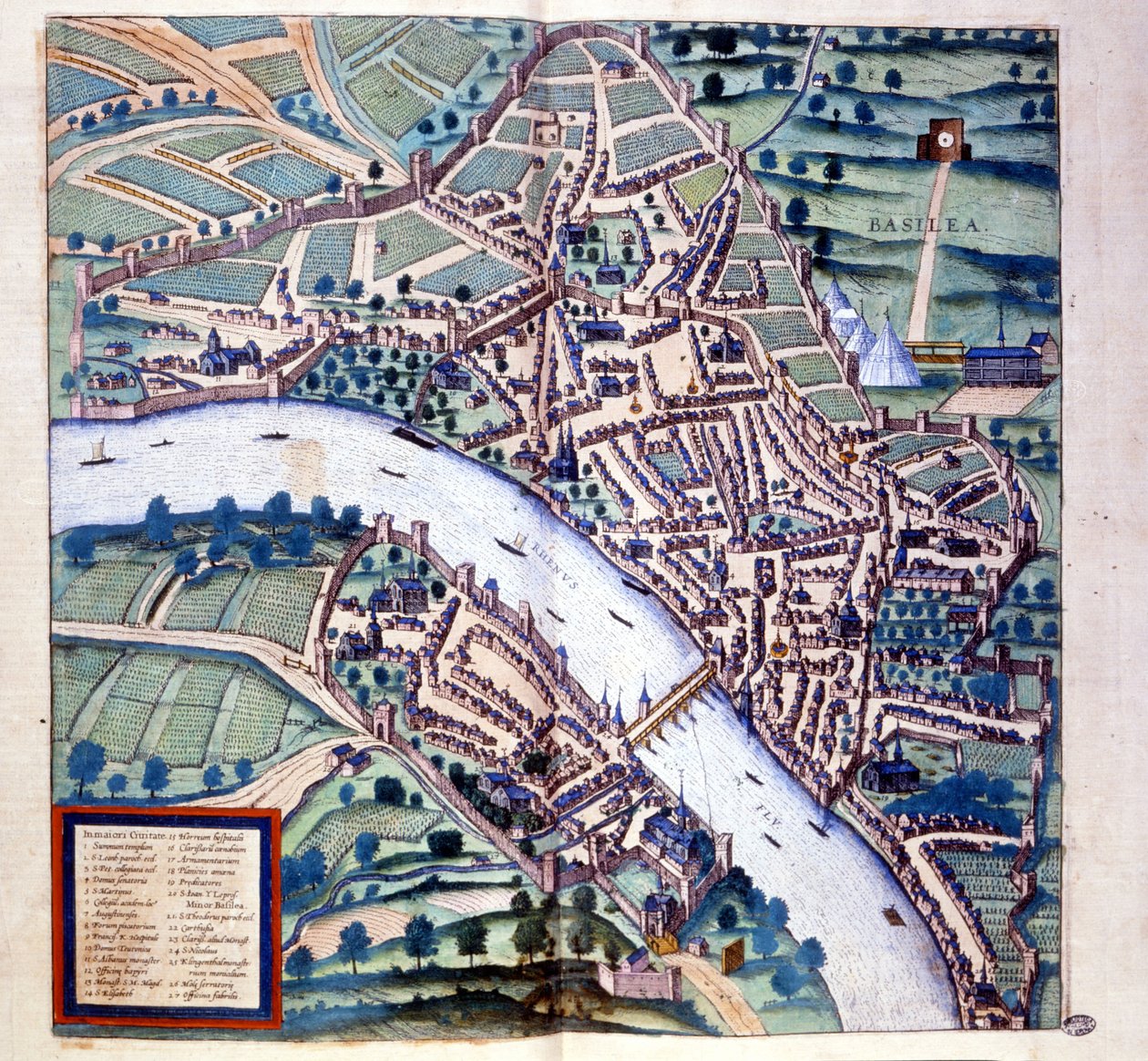 Basel (Schweiz), fågelperspektiv - i ""Atlas"" av Braun & Hogenberg av Georg Braun and Hogenberg Franz