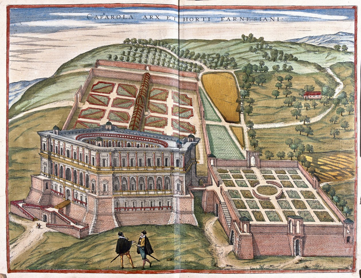 Caprarola-palatset och Farnese-trädgårdarna, Lazio, Italien (gravyr av Georg Braun and Hogenberg Franz