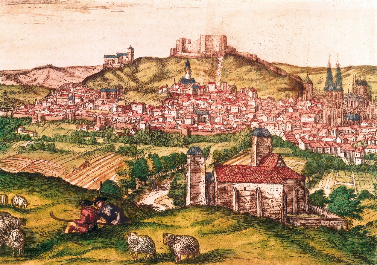 Staden Burgos i Spanien med herdar och fårhjord i förgrunden (1576). Gravyr i Civitatis Orbis Terrarum, av Georg Braun and Hogenberg Franz