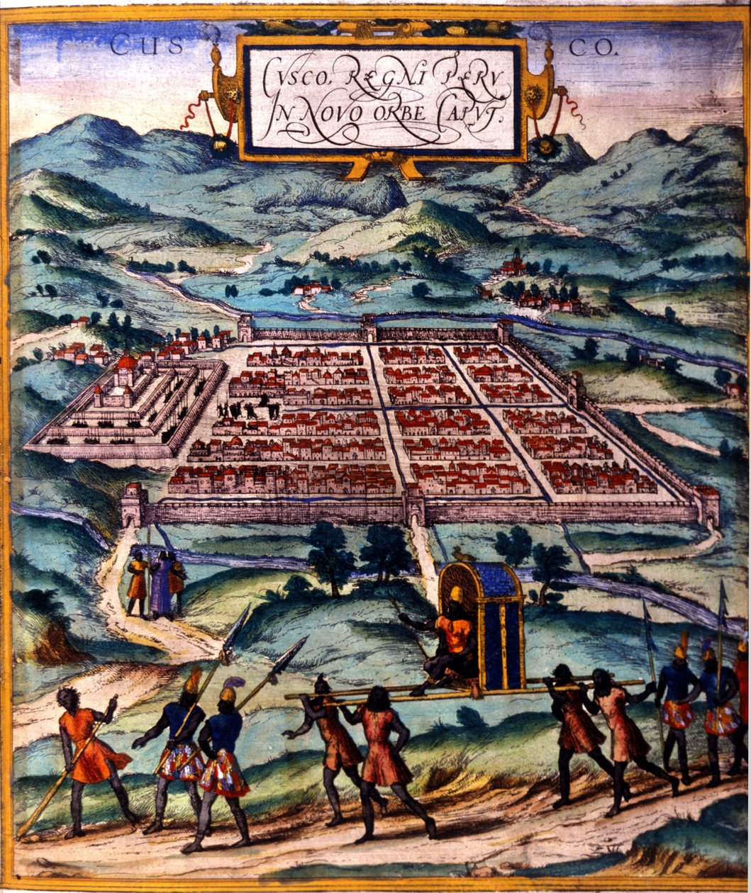 Cuzco, inkacivilisationens huvudcentrum. Atlas de Braun & Hogenberg av Georg Braun and Hogenberg Franz
