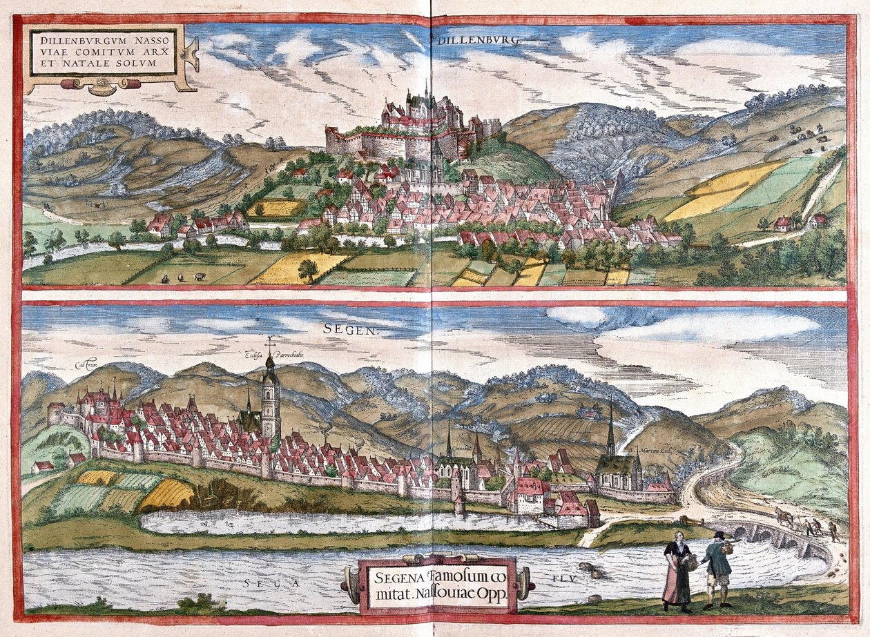 Dillenburg (Hessen) och Siegen (Nordrhenania-Westfalen), Tyskland (gravyr av Georg Braun and Hogenberg Franz