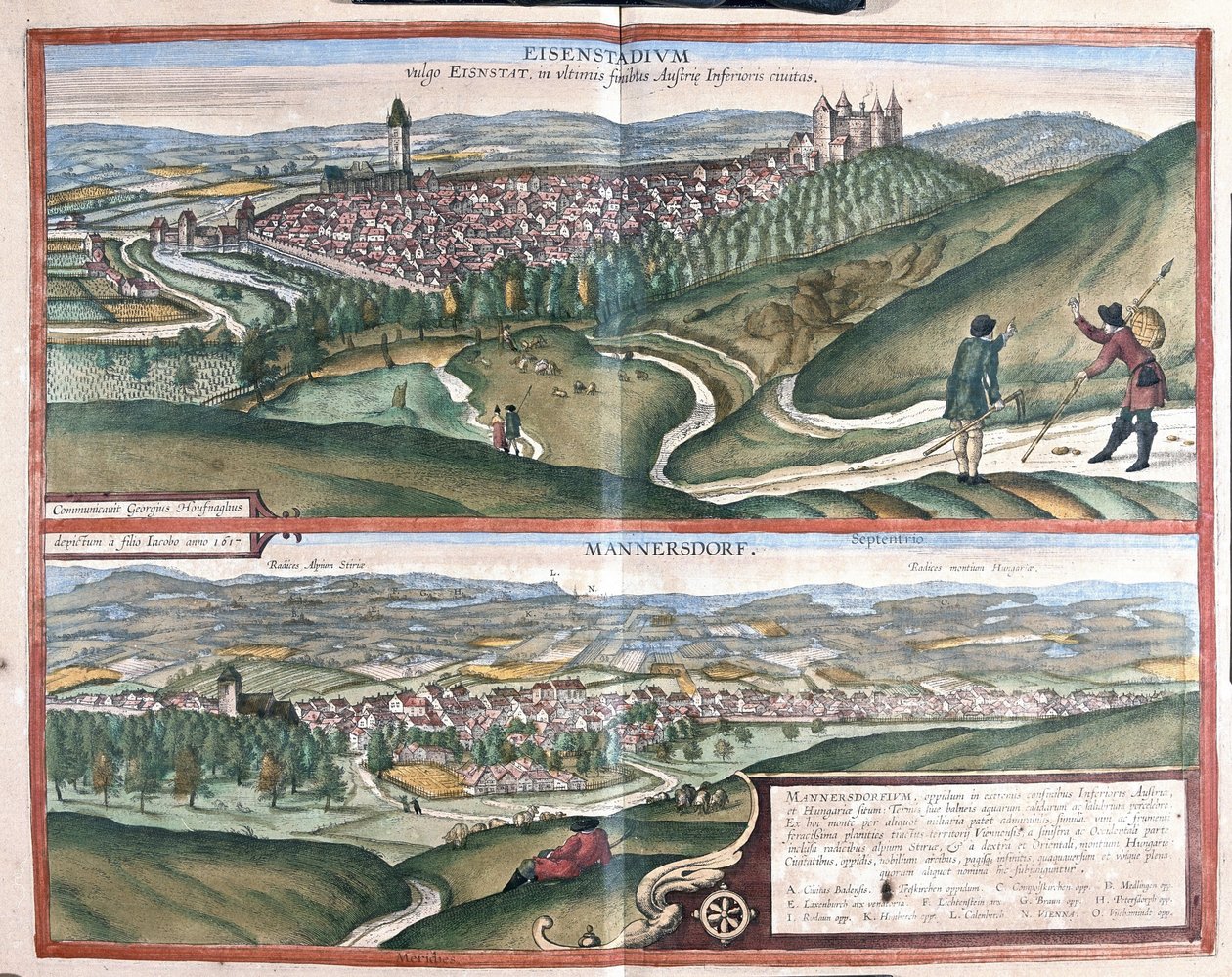 Eisenstadt och Mannersdorf am Leithagebirge, Österrike (gravyr av Georg Braun and Hogenberg Franz