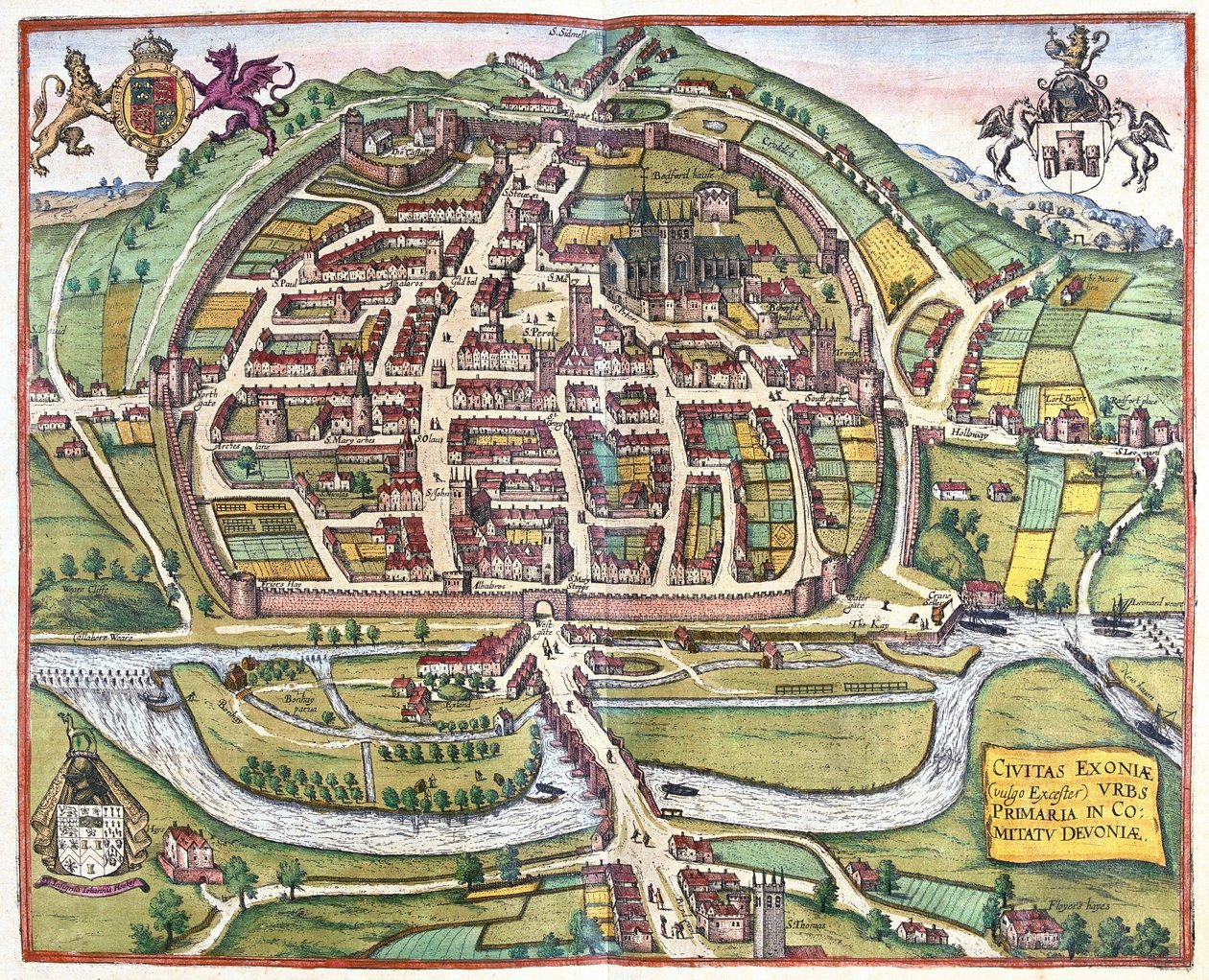 Exeter, England av Georg Braun and Hogenberg Franz