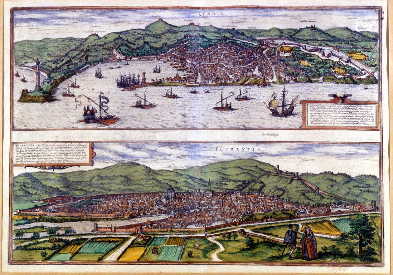 Gener (överst) och Florens (nederst) Fågelvy av Atlas of Braun & Hogenberg. 1550. av Georg Braun and Hogenberg Franz