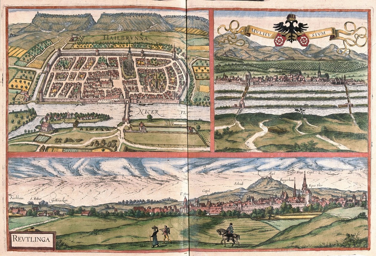 Heilbronn (Tyskland), Mulhouse (Frankrike) och Reutlingen (Tyskland) (gravyr av Georg Braun and Hogenberg Franz