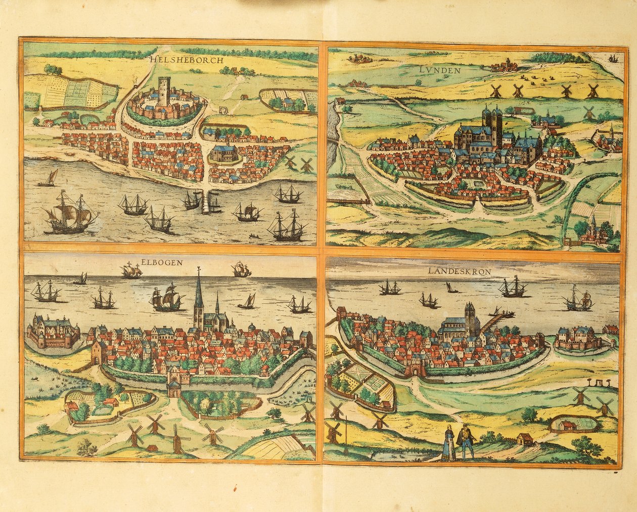 Helsingborg, Lund, Malmö, Elbogen och Landskrona, från Världsstäderna, Köln av Georg Braun and Hogenberg Franz