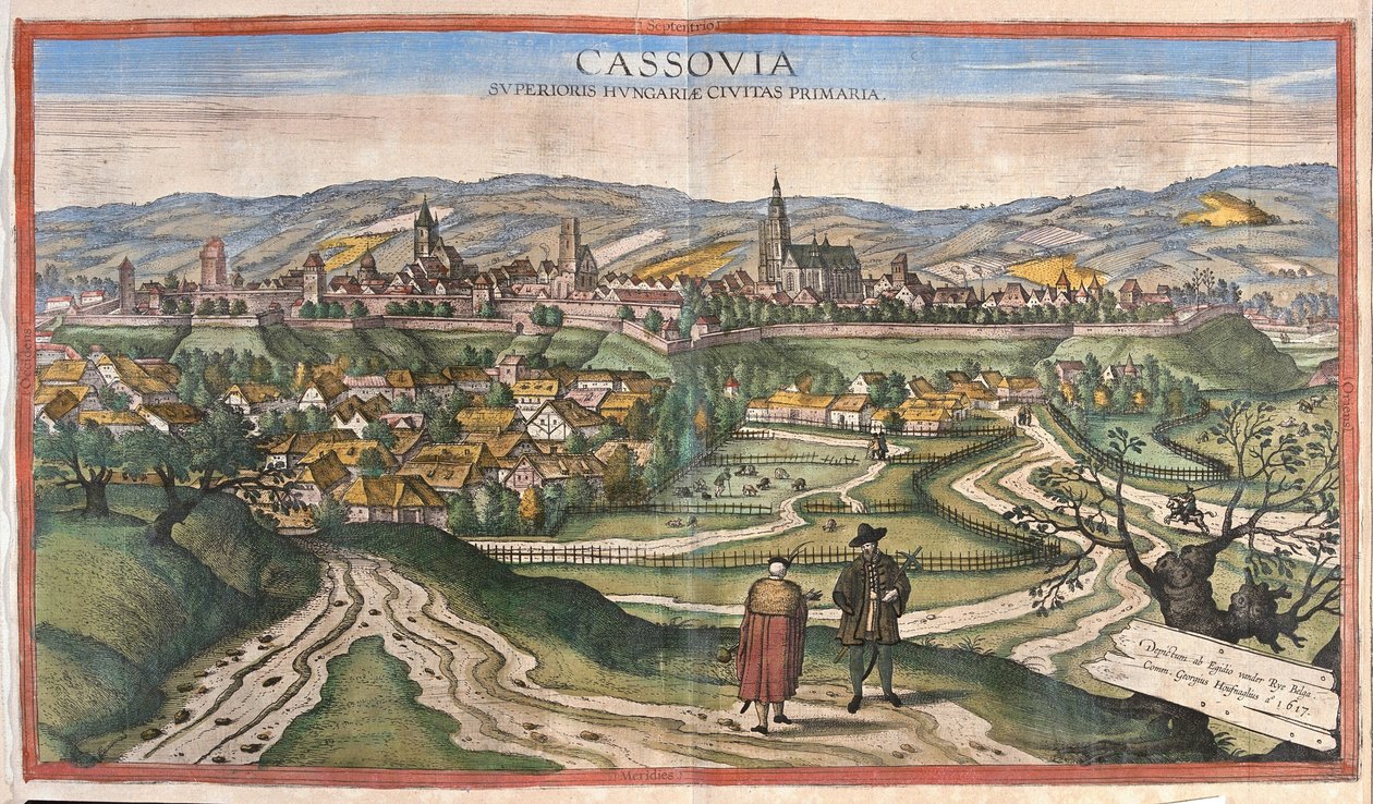 Kosice (Cassovia), Slovakien (gravyr av Georg Braun and Hogenberg Franz