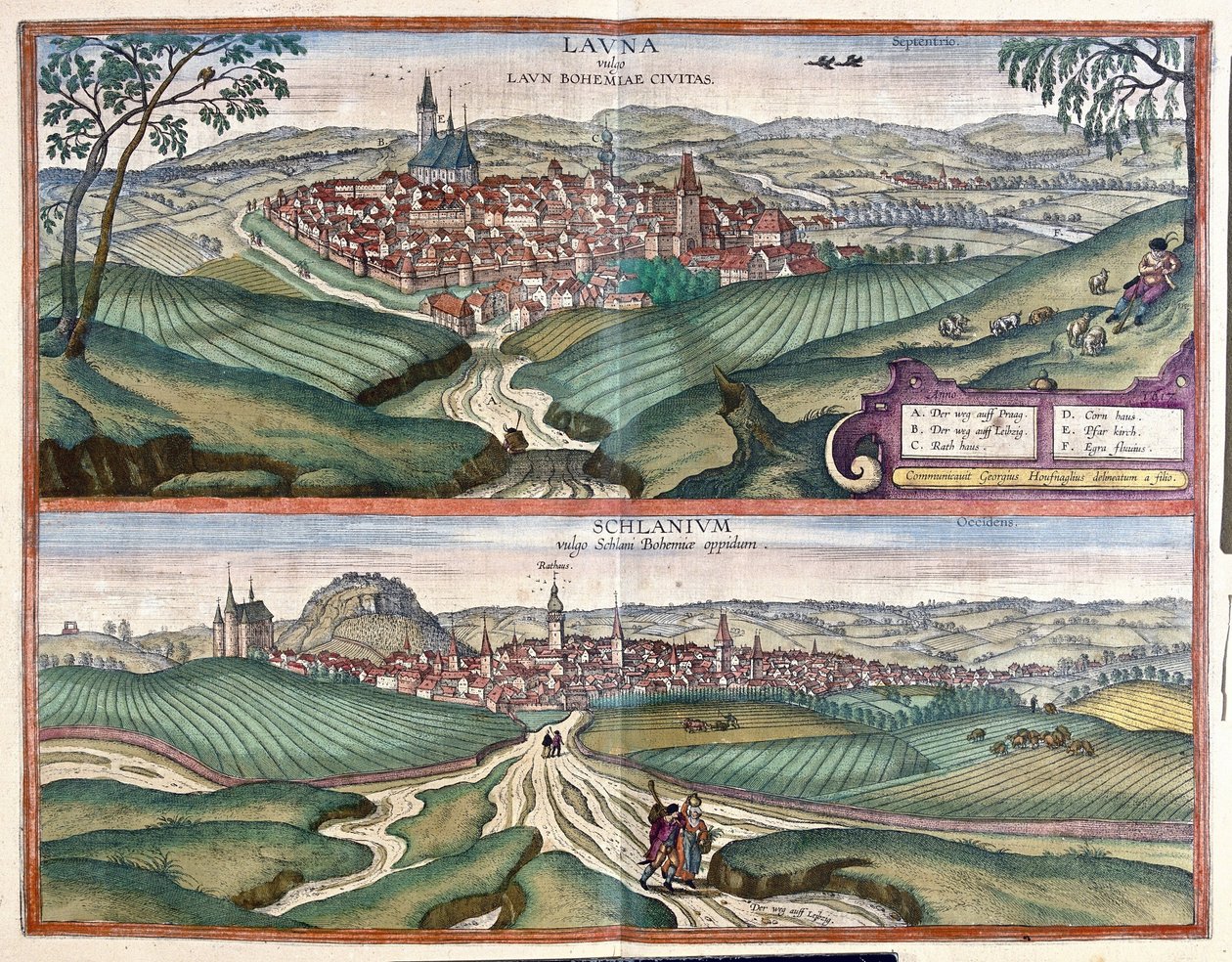 Louny et Slany (Boheme), Tjeckien (gravyr av Georg Braun and Hogenberg Franz