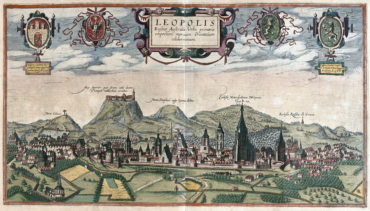 Lviv (Lvov), Ukraina (gravyr av Georg Braun and Hogenberg Franz