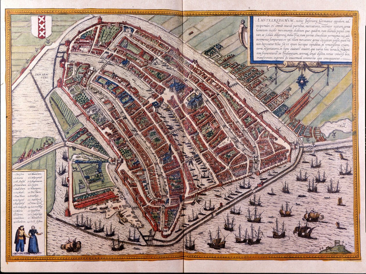 Karta över Amsterdam. Atlas över Braun och Hogenberg. Amsterdam 1588 av Georg Braun and Hogenberg Franz